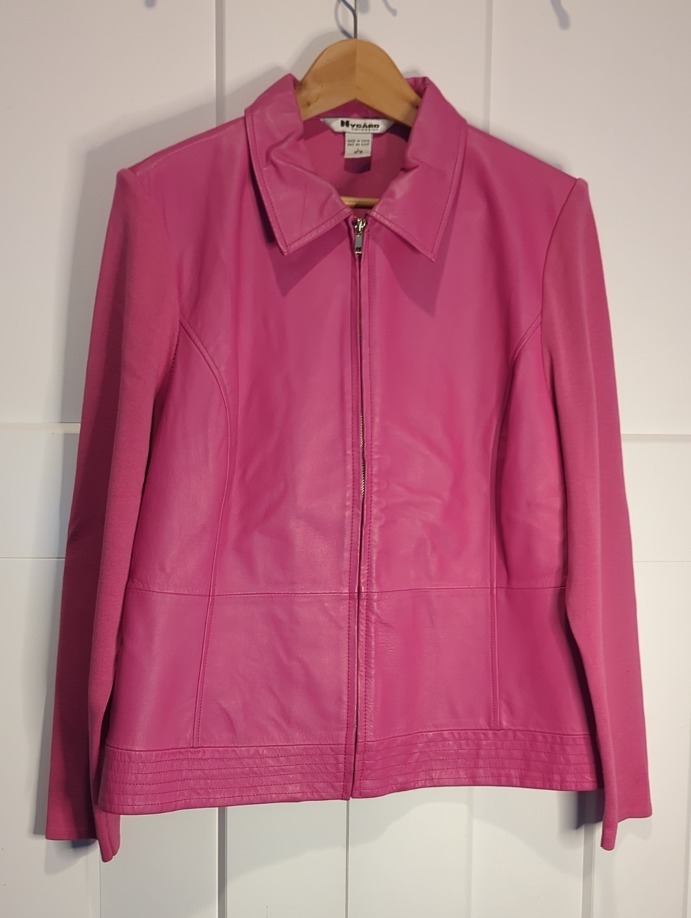 Nygard Women's Pink Leather Jacket With Silk/Cotton Knit Back And Sleeves Size L